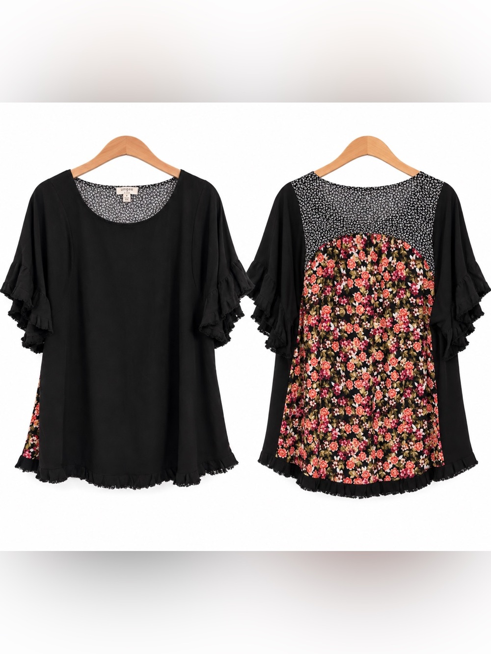 Umgee Black Floral-Back Ruffle Sleeve Top linen cotton blend patchwork boho med